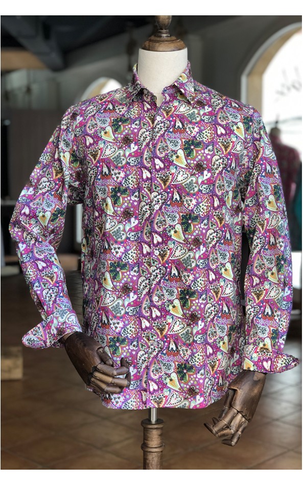 Hearts print men's purple shirt | ABH Collection JÁVEA