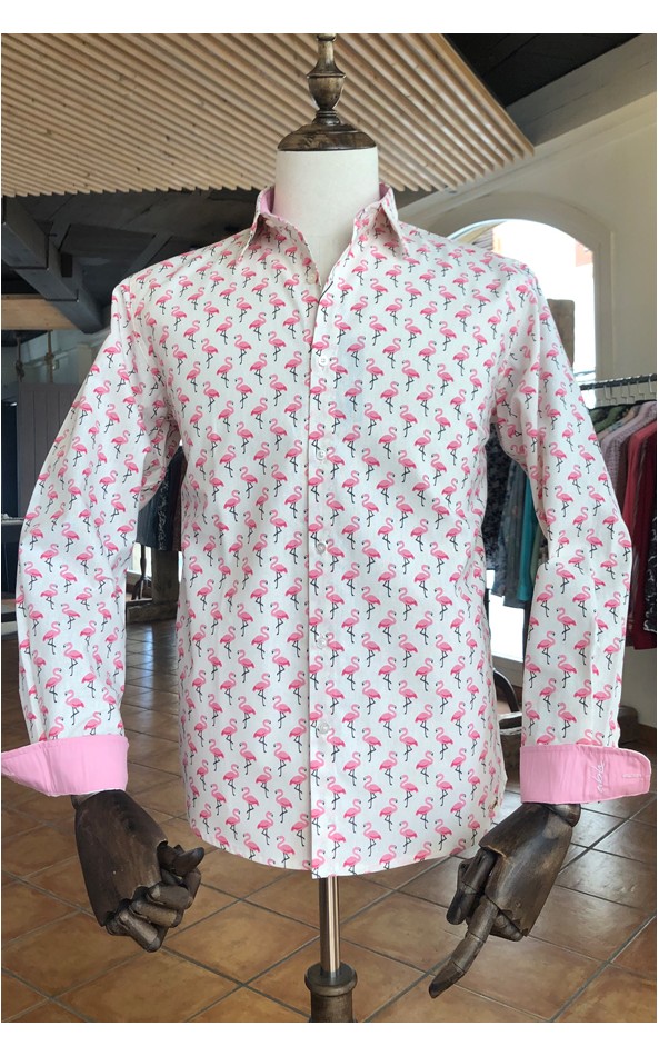 Flamingo print men's white shirt | ABH Collection JÁVEA