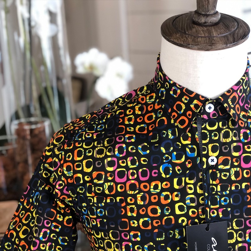 Camisa hombre negra estampado redondeado multicolor | ABH Collection JÁVEA